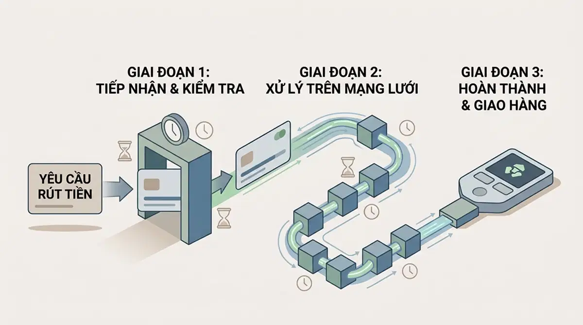 Minh họa các giai đoạn xử lý yêu cầu rút crypto từ nền tảng tới ví
