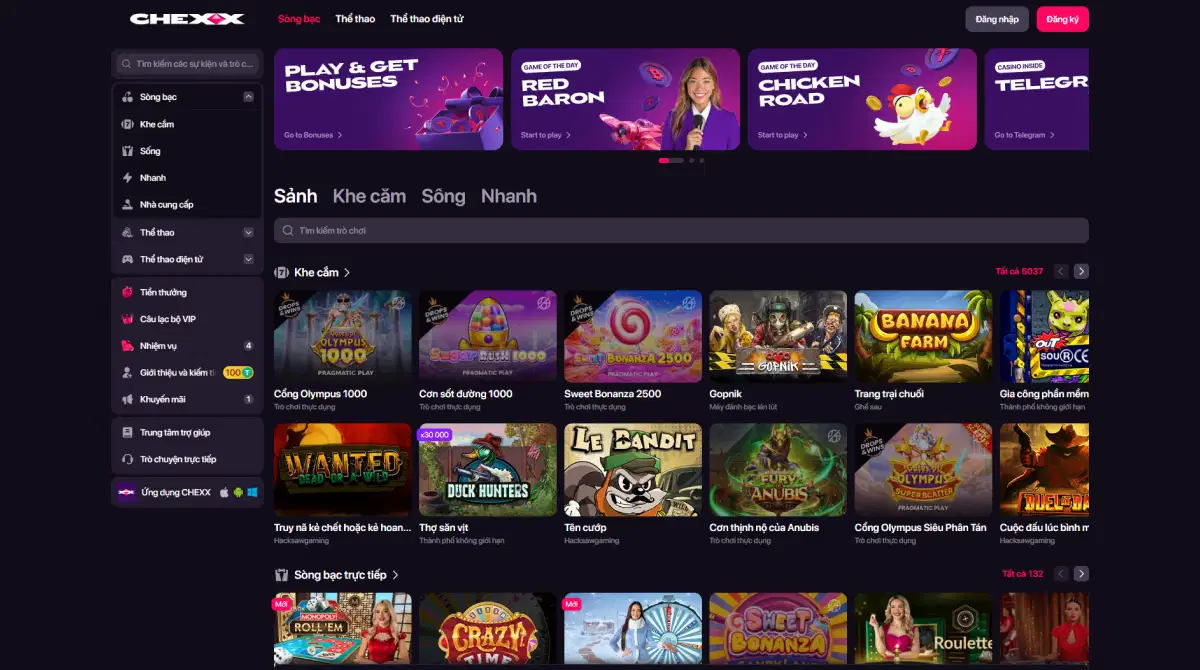 Sảnh Live Casino CHEXX với bàn Evolution và Pragmatic Live