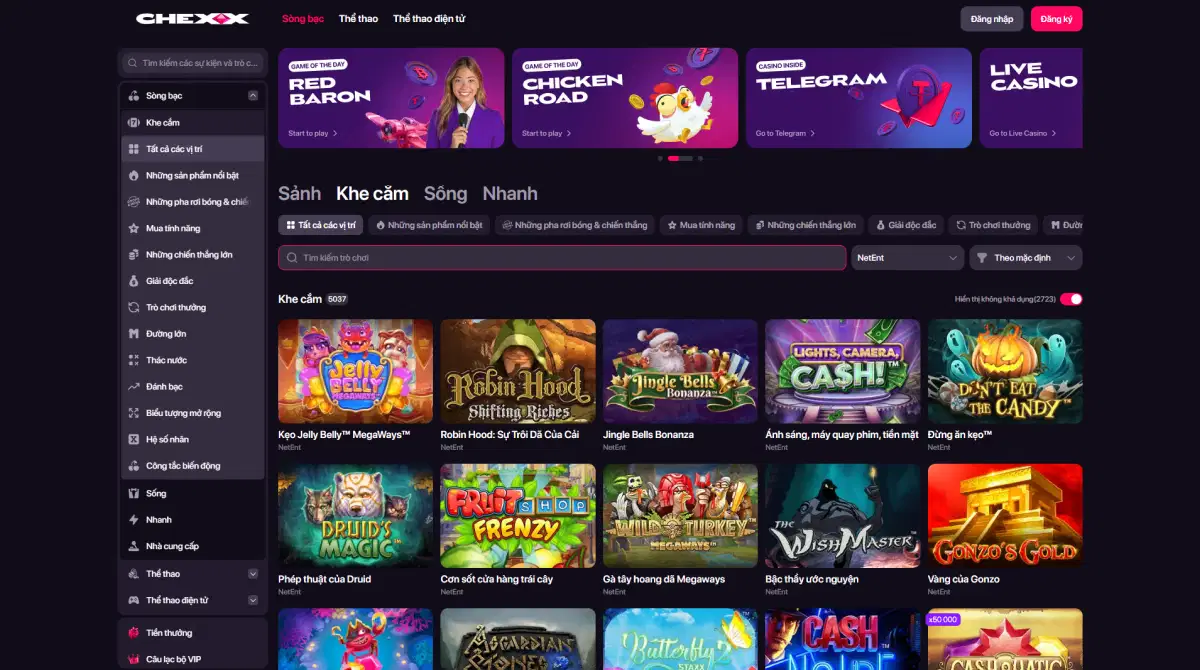 Sảnh slot CHEXX với game và bộ lọc nhà cung cấp
